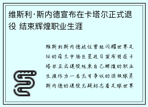 维斯利·斯内德宣布在卡塔尔正式退役 结束辉煌职业生涯